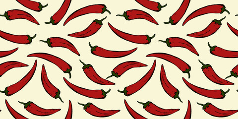 Seamless vector pattern of chili peppers on a beige background. Bright juicy peppers drawn in the style of a sketch illustration. Background for wrapping paper, tablecloths, kitchen coasters.
