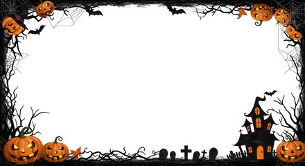 Halloween Frame with Pumpkins and Haunted House - Spooky Halloween border design featuring carved pumpkins, bats, haunted house, graveyard, and spiderwebs. Perfect for autumn celebrations