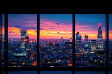 The bustling city skyline of London comes alive at dusk, with its towering illuminated skyscrapers beautifully reflecting the rich twilight colors 