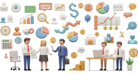 Business Team Collaboration and Financial Success - A 3D illustration showing a team of businesspeople collaborating, surrounded by financial icons and graphs, symbolizing success and teamwork