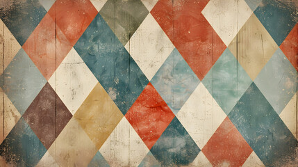 Colorful vintage diamond pattern on weathered wood background, ideal for design projects