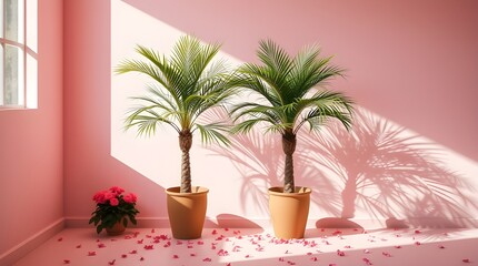 Obraz premium pink room with two potted palm trees in the foreground and pink flowers scattered across the floor