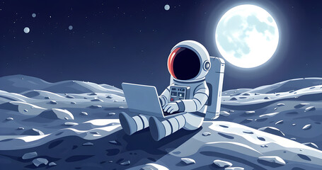 cute, cartoon like astronaut sits on the surface of a distant moon working on a laptop.