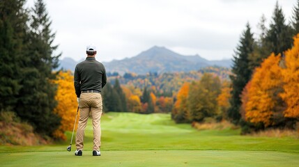 Elegant male golfer perfecting swing on scenic golf course autumn landscape sports photography outdoor view