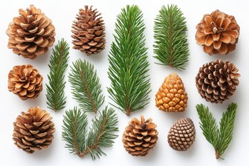 Fototapeta premium Collection of pinecones and evergreen branches arranged artfully on a white background showcasing various shapes and sizes of natural elements