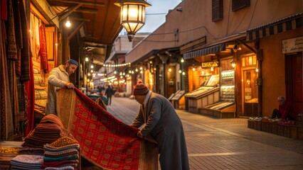 Naklejka premium Two merchants happily displaying carpet in a market against a street backdrop.