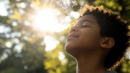 Young boy enjoying fresh air outdoors, sunlight shining through trees, capturing the essence of freedom, tranquility and joy, immersed in nature's beauty