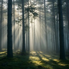 Fototapeta premium Mystical Foggy Forest with Sunlight Filtering Through Trees Peaceful Forest with Morning Rays beautiful forest natural background dynamic forest scene 4k HD high quality wallpaper background 