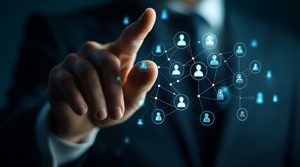 Person's finger interacting with a digital network of interconnected profile icons.