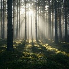Fototapeta premium Mystical Foggy Forest with Sunlight Filtering Through Trees Peaceful Forest with Morning Rays beautiful forest natural background dynamic forest scene 4k HD high quality wallpaper background 