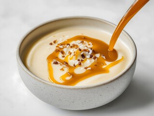 Vanilla Pudding with Caramel Drizzle and Toasted Coconut Flakes
