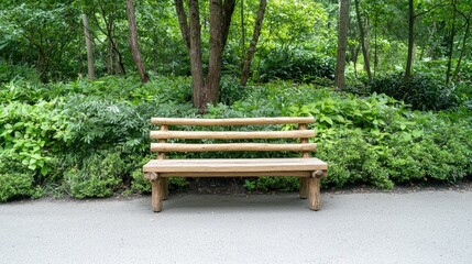 Obraz premium Empty wooden park bench in lush green garden, serene outdoor seating, peaceful nature scene, suitable for relaxation, and tranquil park background