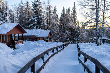 One story wooden houses in a winter forest
