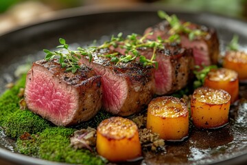 Juicy medium-rare steak slices served with caramelized roasted vegetables, fresh herbs, and a gourmet presentation on a black plate.
