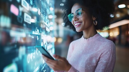 Naklejka premium Young woman smiling while using smartphone in a modern tech environment with digital interface and colorful graphs creating an innovative atmosphere