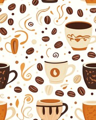 Fototapeta premium seamless pattern hand drawn illustration cute style Colorful coffee pattern with cups and beans.