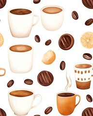 Obraz premium seamless pattern hand drawn illustration cute style Artistic coffee cup and beans pattern design.