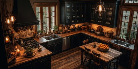 Rustic Dark Wood Kitchen With Warm Lighting and Wooden Table