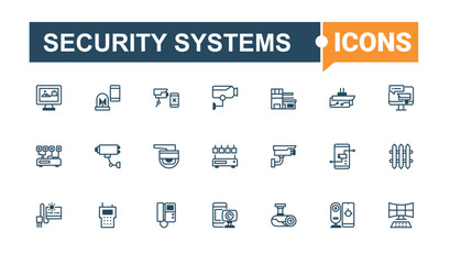 Set of Security Systems line icons. Contains related to car, camera, guard, privacy, computer and more. Icons for design. Solid line editable vector illustration.