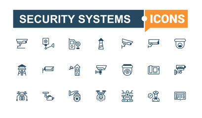 Set of Security Systems line icons. Contains related to car, camera, guard, privacy, computer and more. Icons for design. Solid line editable vector illustration.