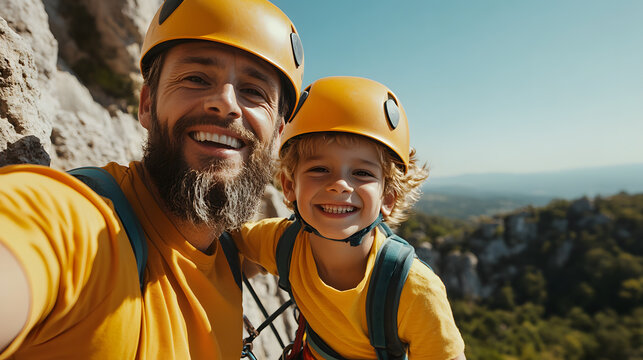 Father and son capturing their rock climbing adventure with a sunny selfie, safety helmets and big smiles on their faces. Outdoor fun! - Powered by Adobe