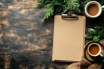 Imagine a cozy coffee setup featuring a clipboard and lush greenery, beautifully arranged on a rustic wooden surfaceideal for enjoying a relaxing afternoon break