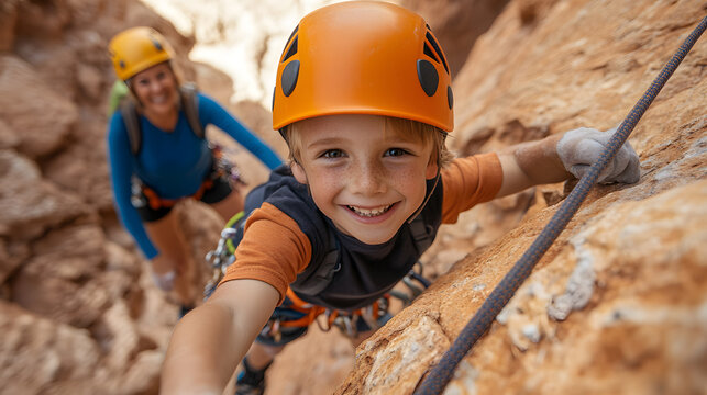 Joyful youth conquering rocky heights, mom in tow! Scaling the cliff face with safety gear and beaming smiles. Outdoor adventures with family and friends.