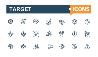 Set of Target line icons. Featuring award, man, mark, arrow, market, target, progress and more. Minimal icon. Vector outline and solid icons collection.