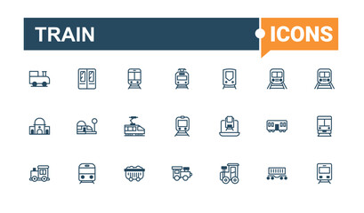Train icon collection. Icons steam, car, tunnel, commuter, train, conductor, metro, underground. Outline icon collection. Solid line editable stroke. Vector line and solid icons.