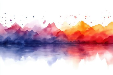 A stunning watercolor landscape showcases vibrant colors of majestic mountains reflecting in a tranquil lake during either sunrise or sunset, evoking
