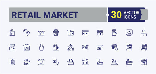 Set of Retail Market line icons. It contains symbols to discount, delivery, internet, money, cart, shopping, trade, element. Thin outline icons pack. Outline and solid pictogram.