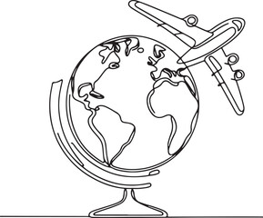 Simple Line Drawing of Earth Globe and Plane