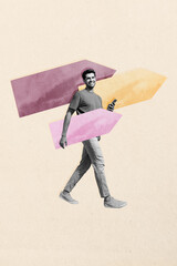 Trend artwork sketch design montage collage of young man walk hold arrow smartphone road target...
