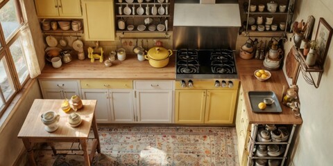 Yellow Kitchen with Vintage Cookware and Wooden Accents