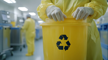 Hazardous waste disposal in lab: suited technician opening yellow biohazard bin for discarding contaminated materials safely, adhering to strict waste management protocols.