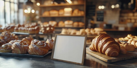 Blank sign for text on a counter in a bakery. There are croissants and a beautiful pastry shop all around. AI