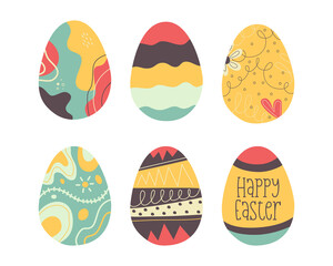Easter egg collection designs. Easter holiday eggs hunt in colorful flat style with text Happy Easter. Art deco decor. Stock illustrations clipart