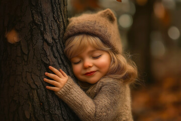 Young child giving a hug to a tree in the forest