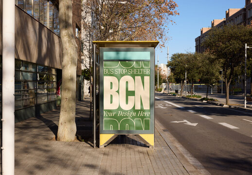 Bus Stop Shelter Ads in Urban Barcelona Setting. Mockup ready for use