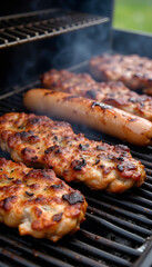 Grilled chicken and sausage cooking on barbecue grill