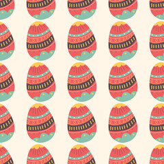 Easter eggs pattern. Happy Easter background with red egg . Flat colorful seamless design. Stock Easter wallpaper illustration