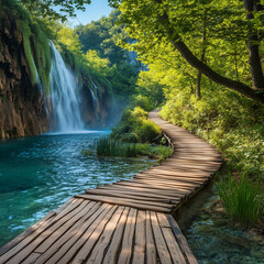 Obraz premium Trekking Through the Tranquil Wooden Path, wooden bridge over the river