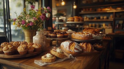 Fototapeta premium A rustic bakery scene featuring freshly baked loaves of bread, muffins, and cakes on a wooden countertop, with a warm, cozy atmosphere.