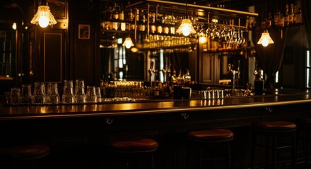 Cozy interior of a dimly lit vintage bar with wooden accents and hanging glassware