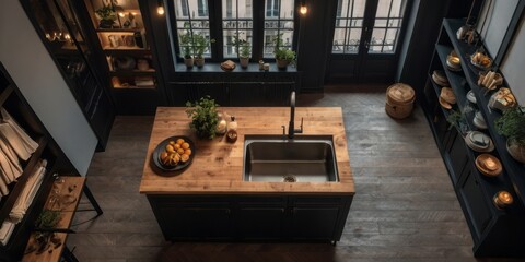 Fototapeta premium Dark Kitchen Island With Wood Countertop And Sink