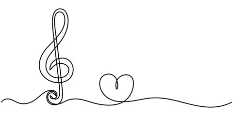 Continuous one line drawing. Heart and music note, Treble clef continuous one line drawing. Music note with love sign. Isolated on white background vector illustration. Pro vector, Continuous one line