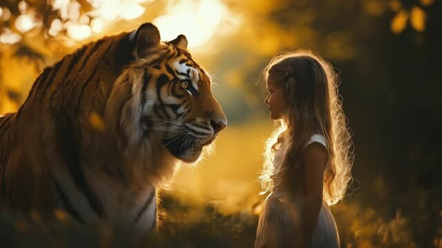 Close up scene of a friendly tiger with a little girl, smooth repetitive movements for background video animation