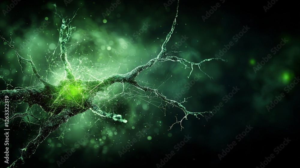 Aufkleber Abstract art of neural networks close-up on jadegreen points in a dark digital environment