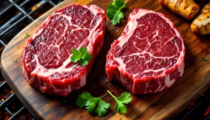 Obraz premium Juicy Grilled Ribeye Steaks Ready to Sizzle