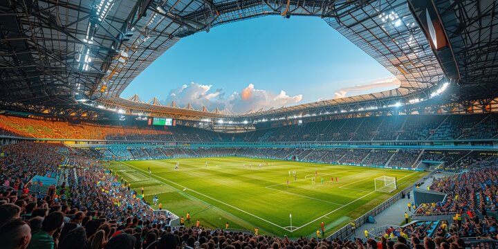 Exciting moment in a packed European soccer stadium during a thrilling match